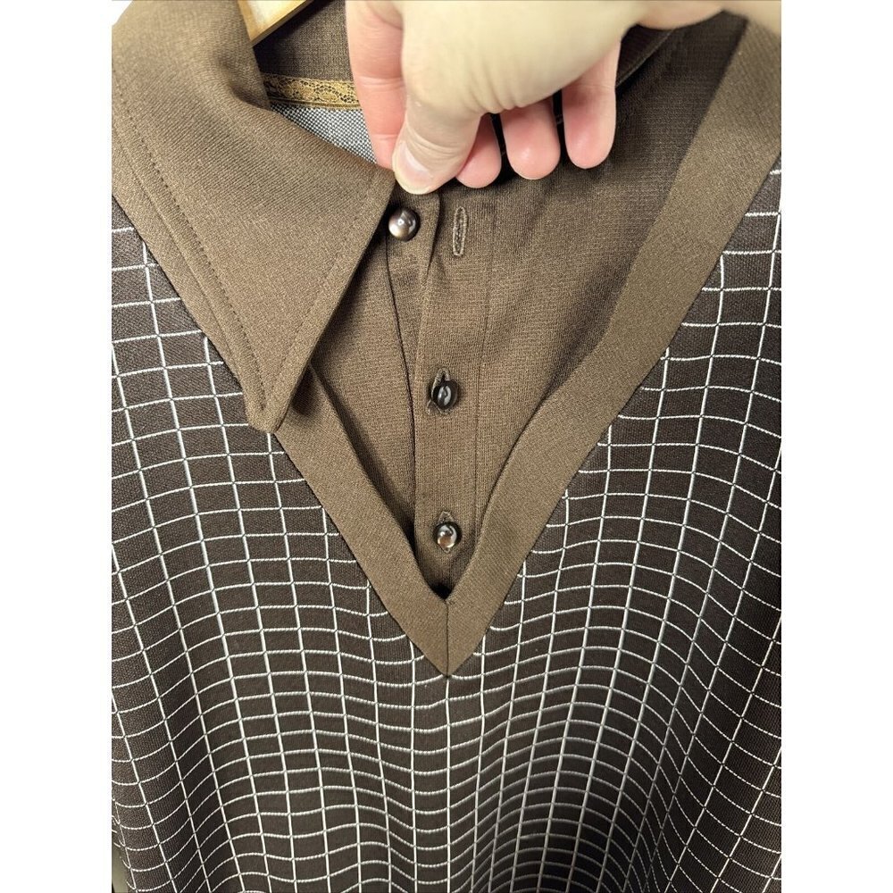 Vintage 60s 70s Hand Tailored Shirt‎ Woman L Polyester Disco Mod Brown - Picture 7 of 8